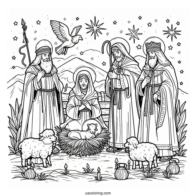 Nativity Coloring Page With Shepards And Kings