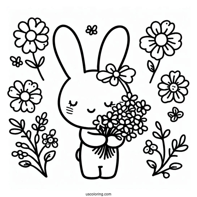 Easy Miffy Coloring Page Holding Flowers