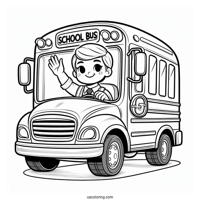 Friendly School Bus Coloring Page Driver Waving