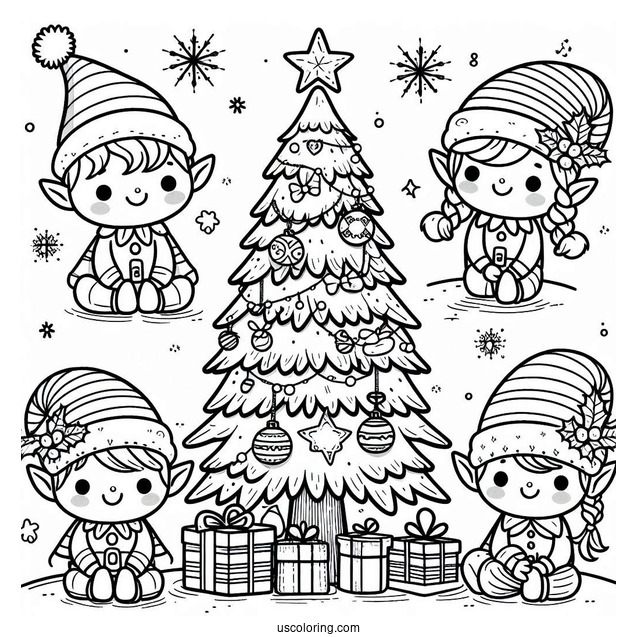 Christmas Tree With Elves Coloring Page