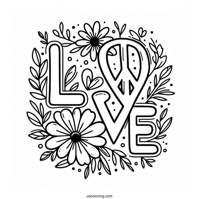Love Word With Peace Coloring Page Sign And Flowers