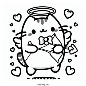 Pusheen Cupid With Bow And Love Hearts To Color