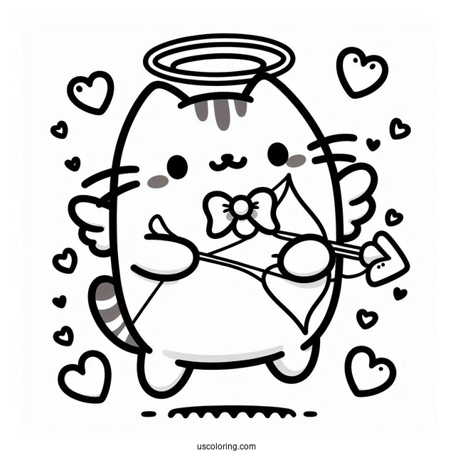 Pusheen Cupid With Bow And Love Hearts To Color