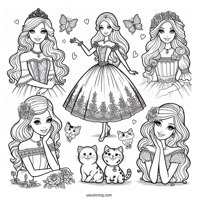 Princess Barbies With Cats Coloring Sheet