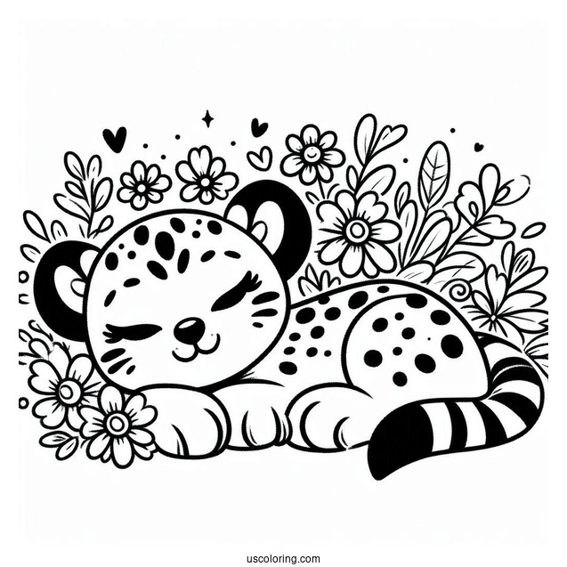 Kawaii Cheetah Coloring Page Sleeping On Its Back With Flowers