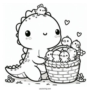Kawaii Dinosaur With Little Animals On Its Back Coloring Page