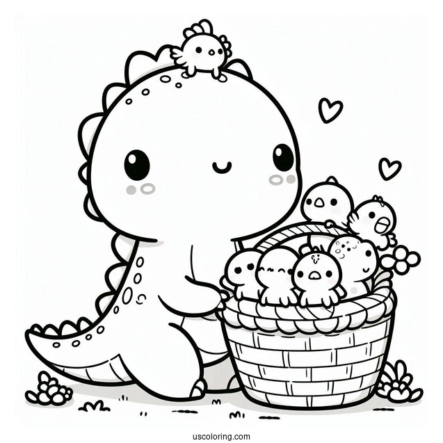 Kawaii Dinosaur With Little Animals On Its Back Coloring Page