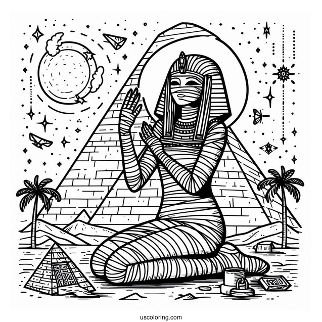 Egyptian Mummy Outside The Pyramid Coloring Sheet