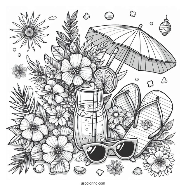 Summer Coloring Page Of Drink, Flowers, Sunglasses, And Flip Flops