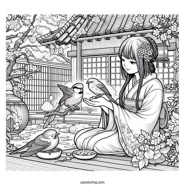 Nezuko Coloring Page Caring For Bird In Japanese Garden