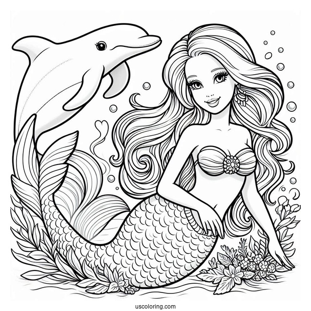 Mermaid Barbie Swimming With Dolphin To Color