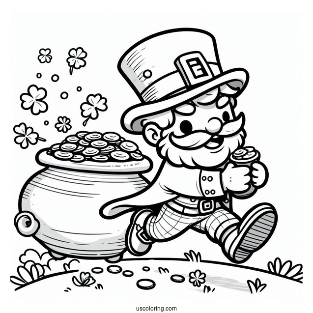 St. Patrick's Day Coloring Page Leprechaun Running Away With A Pot Of Gold