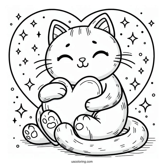 Cat Embracing Heart Coloring In