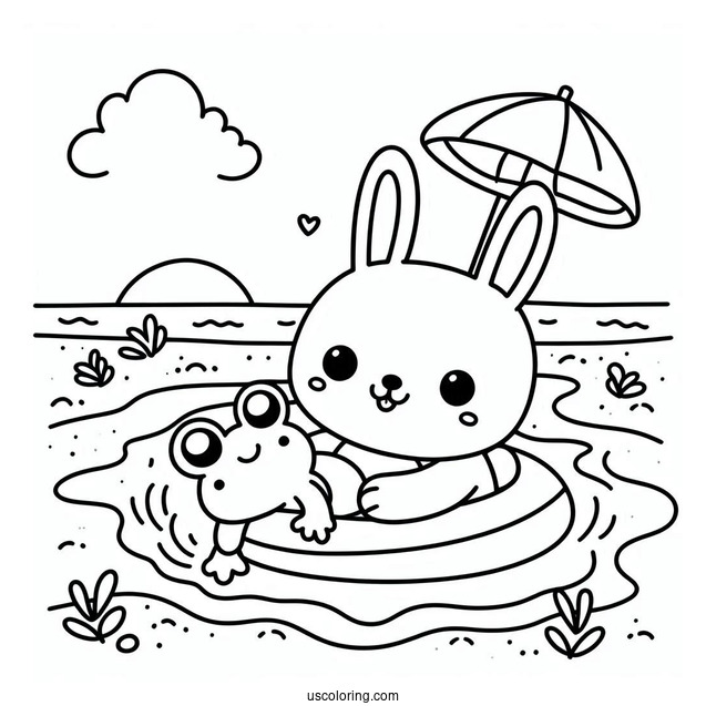 Adorable Rabbit And Frog Swimming At The Beach Coloring Sheet