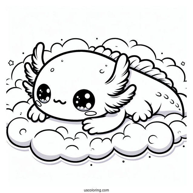 Kawaii Baby Axolotl Coloring Page In The Clouds For Kids