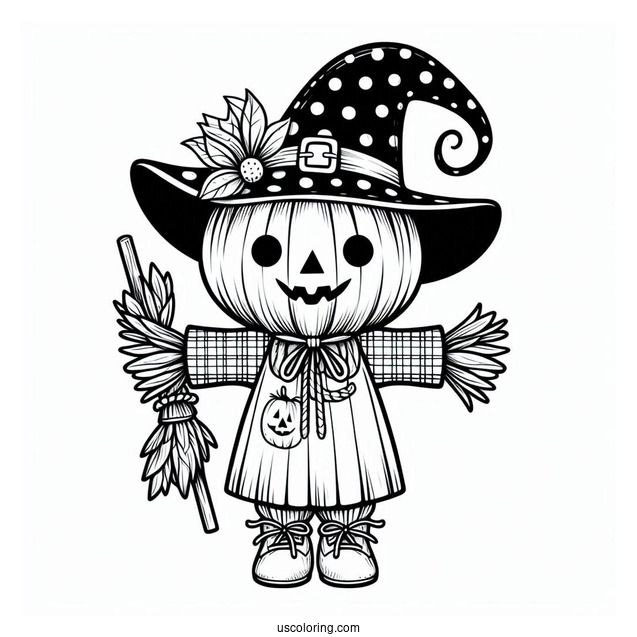 Jack O Lantern Scarecrow Coloring Page Wearing A Polka Dot Witch Hat