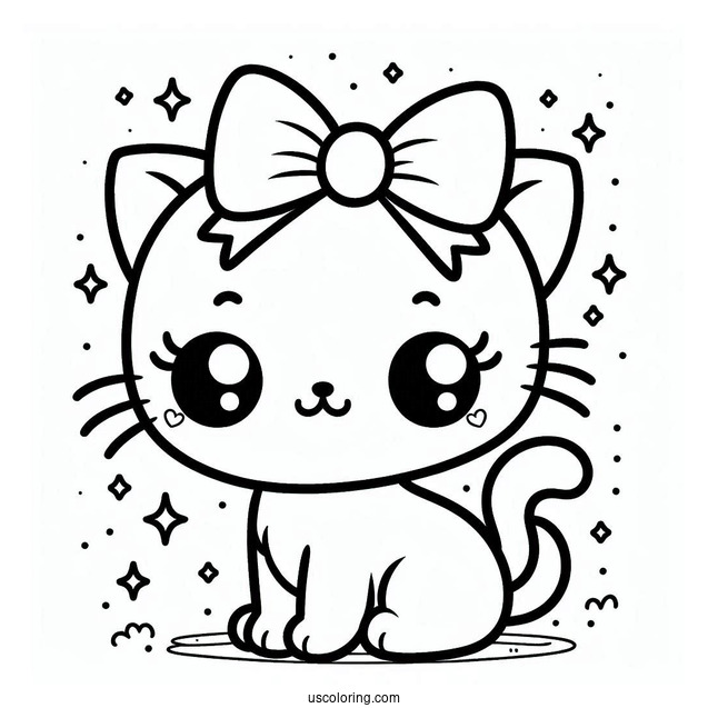 Coloring Page Of Adorable Cartoon Cat With Bow