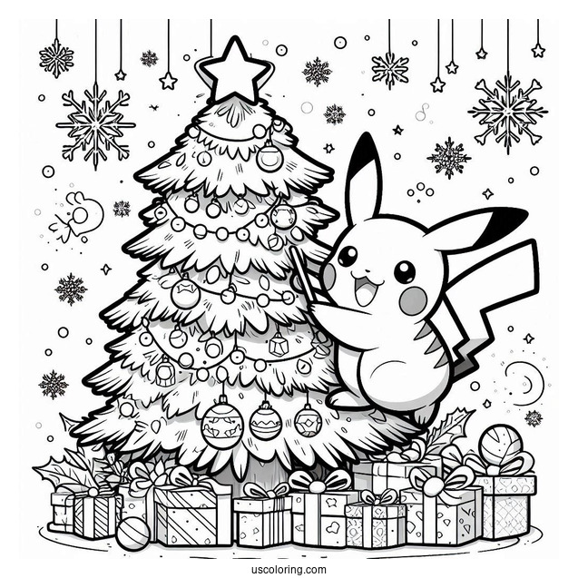 Pokemon Christmas Coloring Page Pikachu Decorating A Christmas Tree