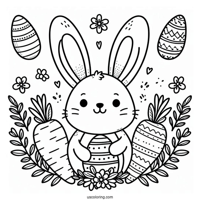 Happy Easter Coloring Page Bunny Ears, Eggs, And Carrot