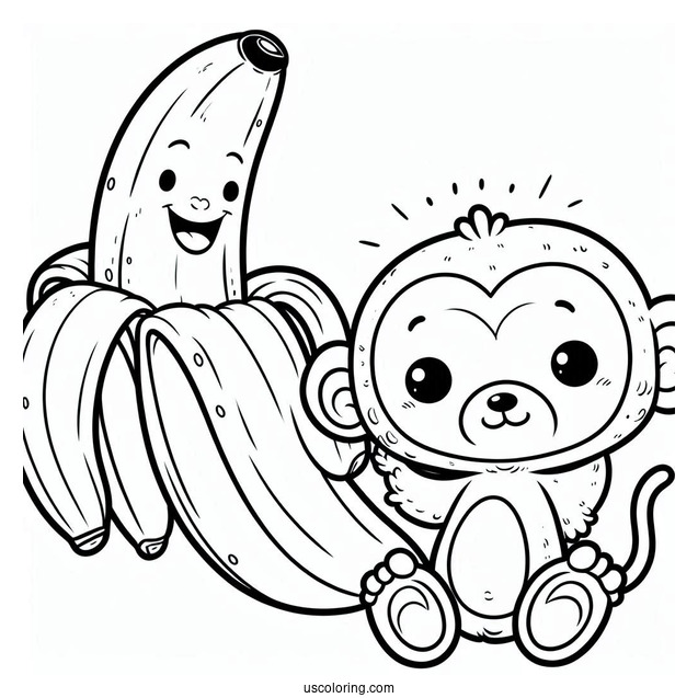 Cartoon Banana Coloring Page With A Monkey Friend