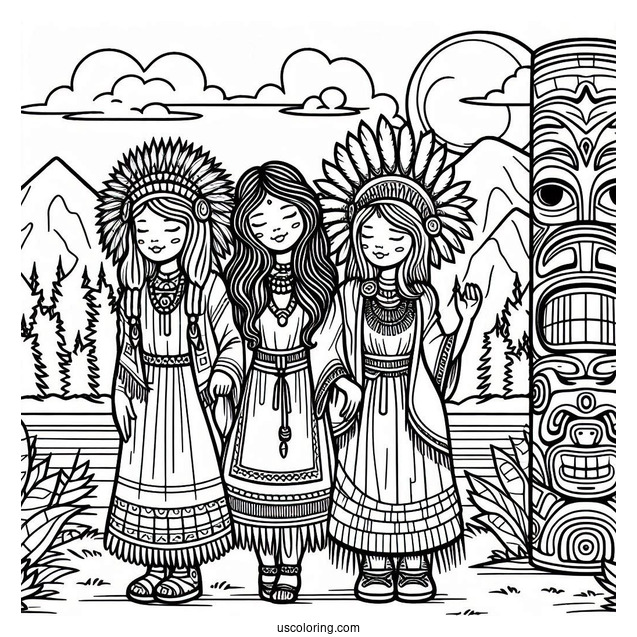 Cartoon Native American Coloring Page Women Beside Totem Pole
