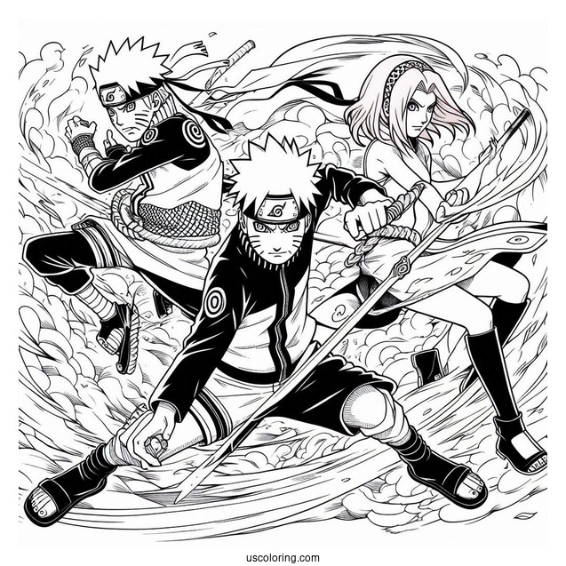 Naruto Coloring Page With Sasuke, Sakura, And Kakashi In Fight