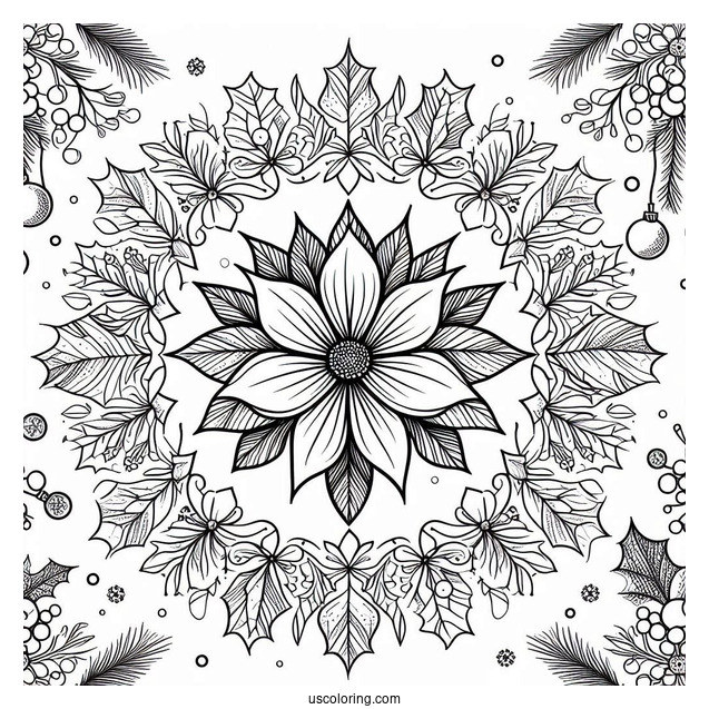 Flower Christmas Mandala Coloring Page Surrounded By Mistletoes