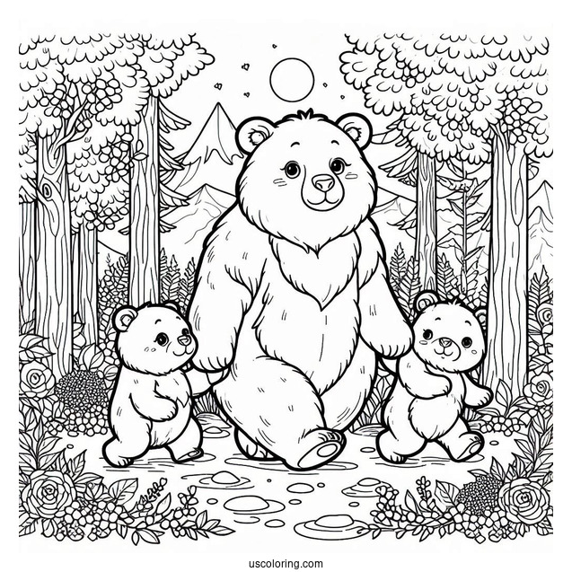 Mama Bear Coloring Page Walking With Her Two Cubs In Forest