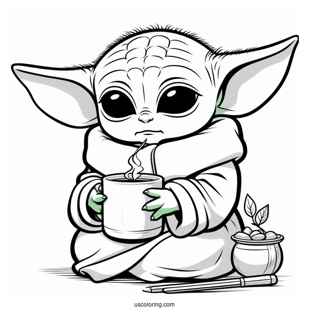 Baby Yoda Drinking Tea To Color