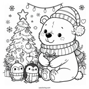 Coloring Page Of Cartoon Polar Bear With Penguins On Christmas