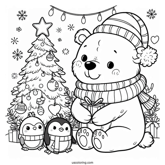 Coloring Page Of Cartoon Polar Bear With Penguins On Christmas