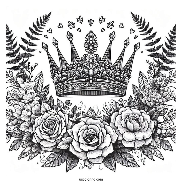 Detailed Flower Crown Coloring Page Surrounded by Roses and Fern Leaves