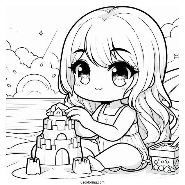 Playful Chibi Coloring Page Kid Building a Sandcastle on the Beach