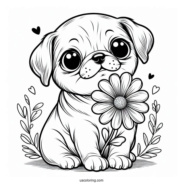 Pug Puppy Holding Flower In Mouth To Color