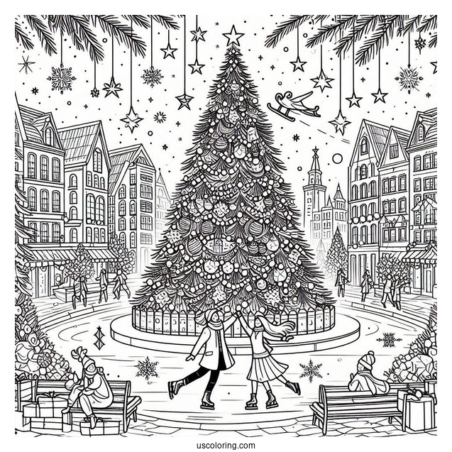 Christmas Coloring Pages For Adults Of Giant Christmas Tree In The City With Ice Skaters