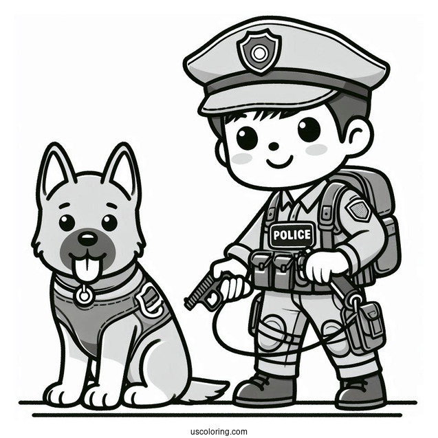 Coloring Sheet Of Police Officer With K-9 Dog