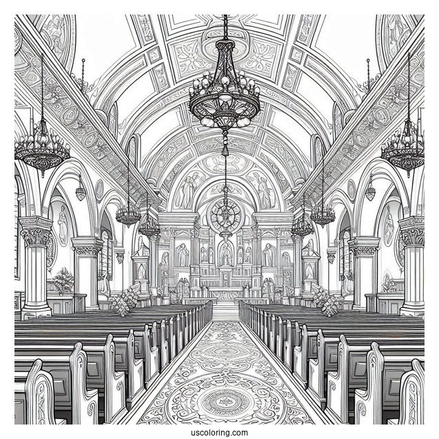 Detailed Interior Of A Catholic Church Coloring Page