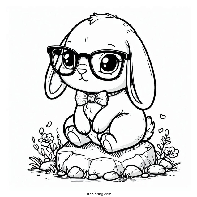 Nerdy Rabbit Coloring Page Sitting On A Rock For Kids