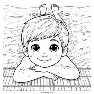 Smiling Boy Swimming Coloring Page In The Pool