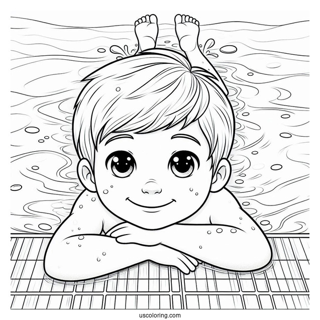 Smiling Boy Swimming Coloring Page In The Pool