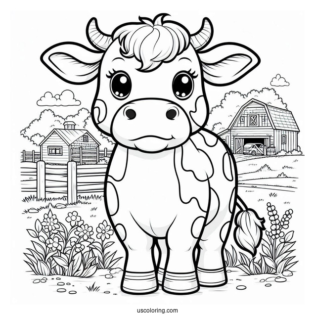 Coloring Sheet Of Cow On a Farm