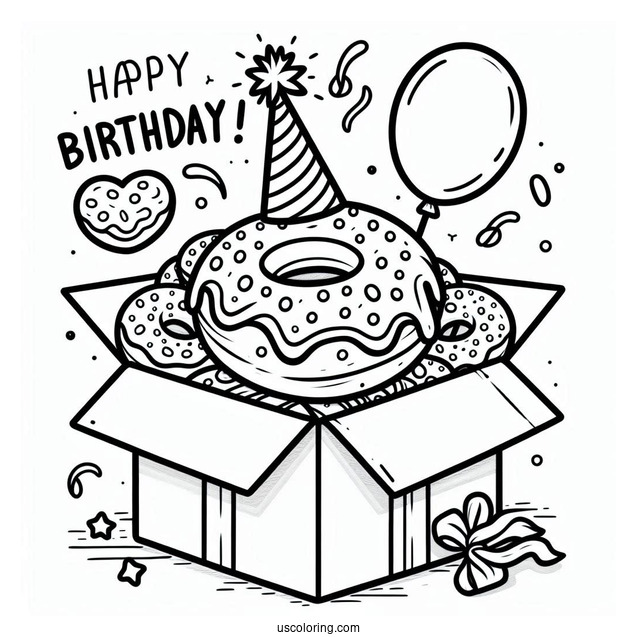 Birthday Donut Coloring Page Popping Out Of A Box