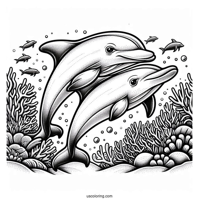 Two Dolphins Swimming On Reef Coloring Page