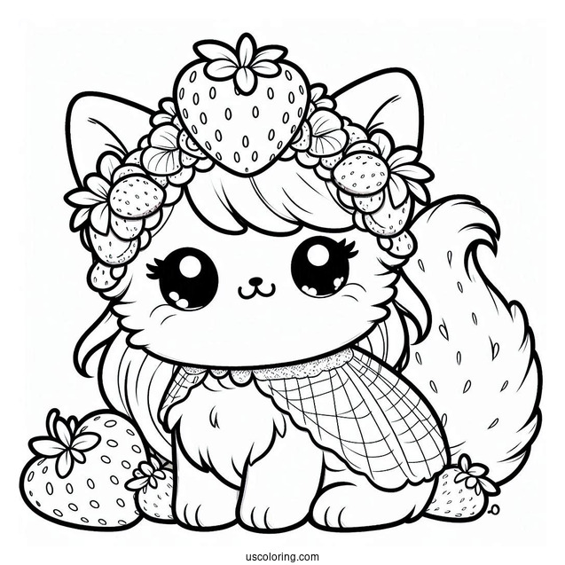 Cat Wearing A Strawberry Headdress Coloring Page