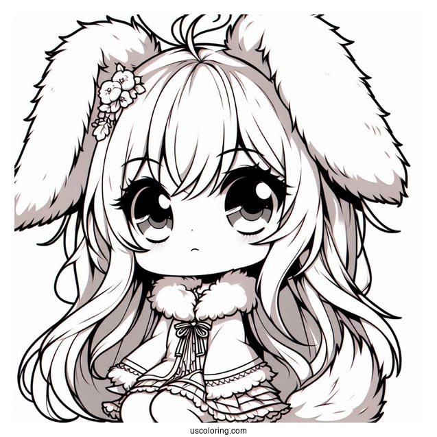 Chibi Girl With Furry Rabbit Ears Coloring Page