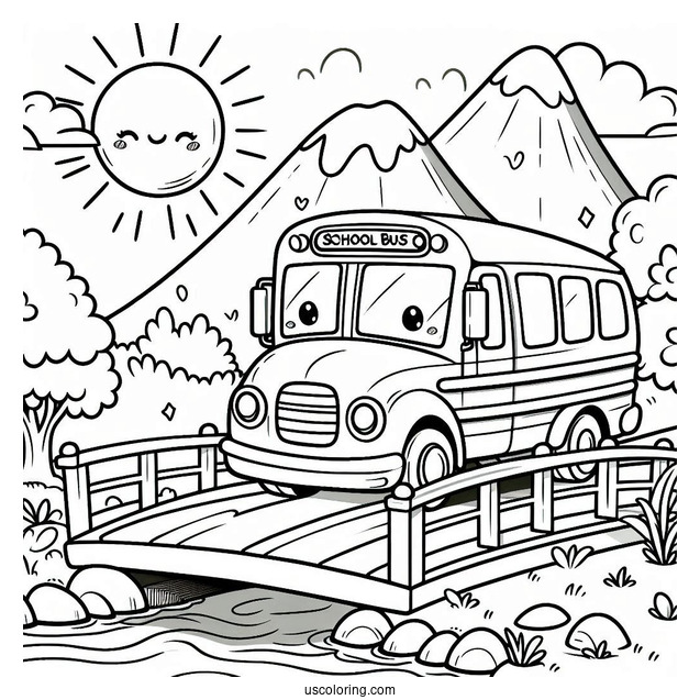 Cute School Bus Coloring Page Crossing A Small Bridge