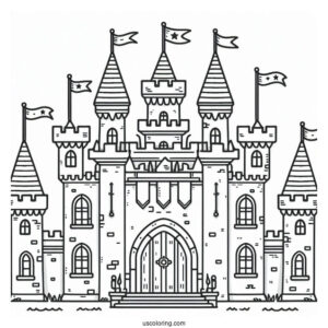 Simple Outline Of Castle Coloring Page With Flags For Kids