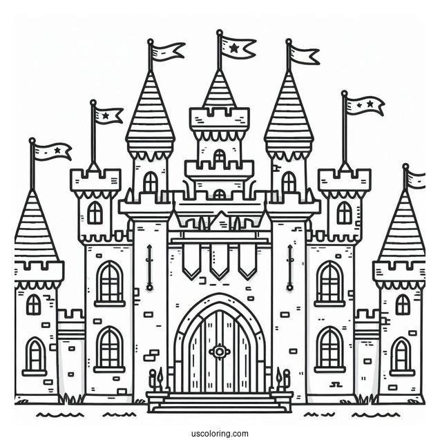 Simple Outline Of Castle Coloring Page With Flags For Kids