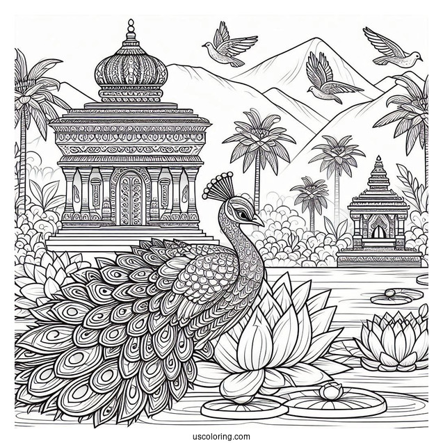 Peacock Coloring Page by Lotus Pond with Temple Background for Adults