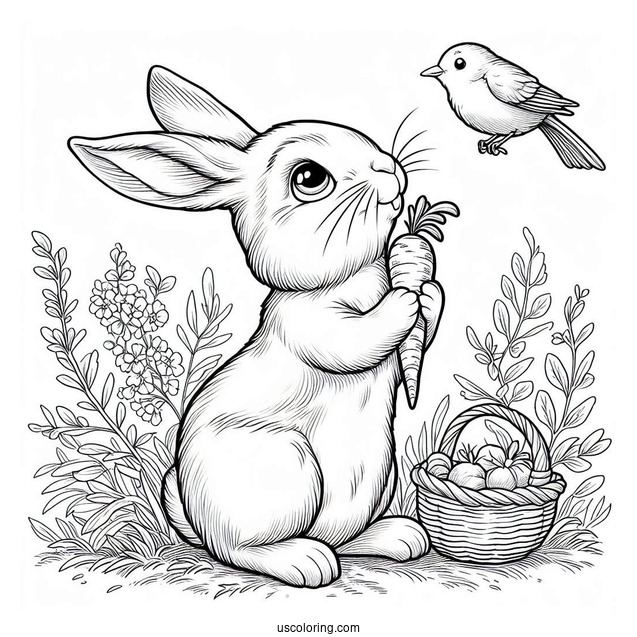 Peter Rabbit Coloring Page Nibbling On A Carrot While Looking Up At A Bird